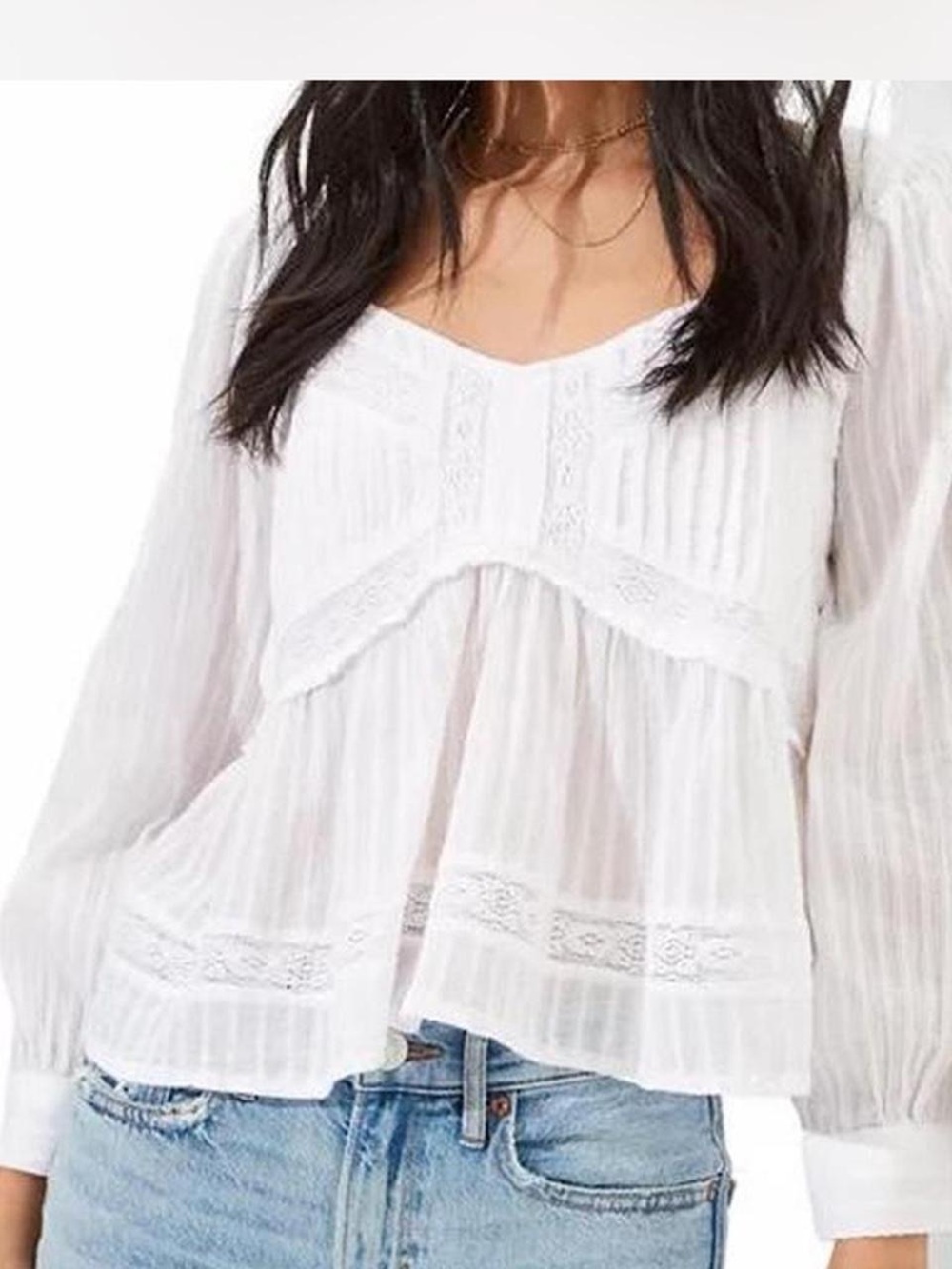 American Eagle Outfitters White Lace-Trim Peasant Blouse